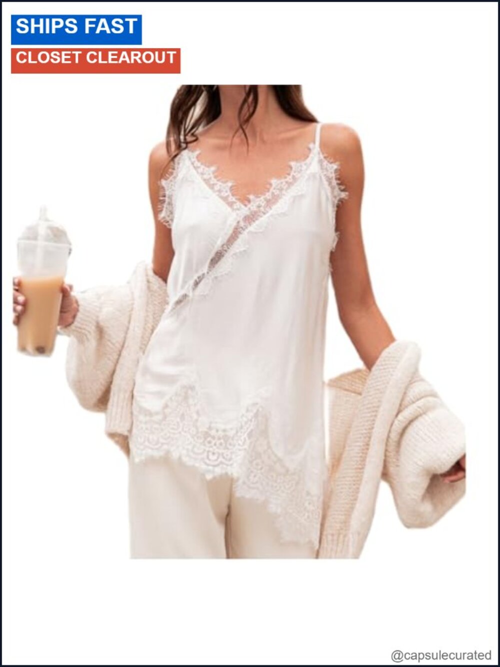 Satin Lace Cami Top Silky Lace Trim Spaghetti Strap Asymmetrical Camisole Slip